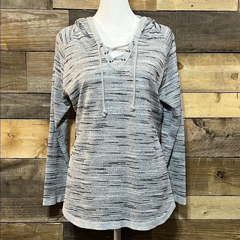 Style & Co Womens Knit Gray Long Sleeve Hooded top with Lace-up front PXL